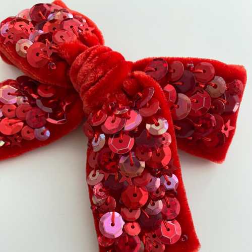 Red velvet bow with sequins - Silk hair bow - Hair Clip or Headband for girls