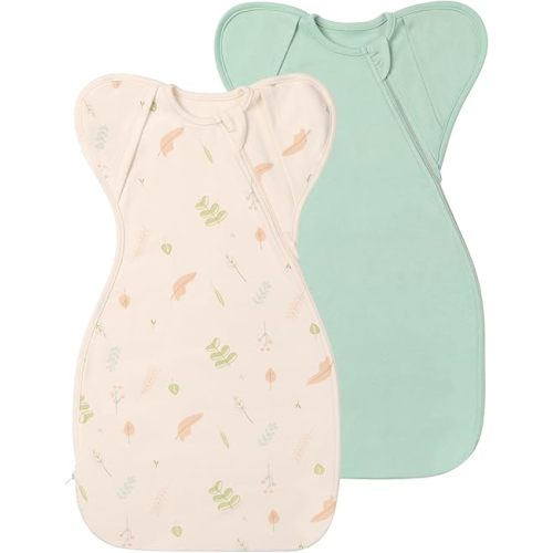 Organic Cotton Sleep Sacks Swaddles for Newborn 0-3 Months Boys Girls, Arms Up Swaddle Blanket 2 Packs, Hands Up 3-Way Transitions to Arms-Free Wearable Sleeping Sack Bag Snug Fit Calms Startle Reflex