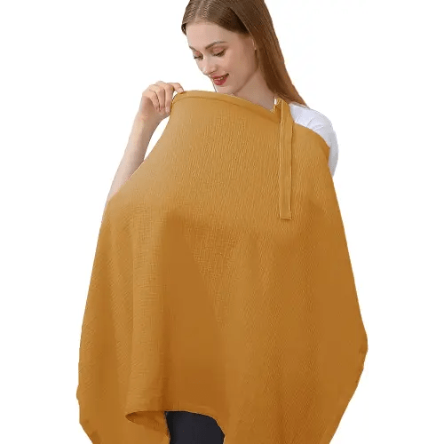 Hicoco 100% Muslin Cotton Breastfeeding Cover, Multi-use Nursing Cover with Arch Neckline, Cotton Nursing Apron (deep yellow)