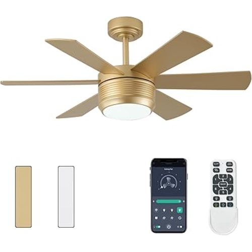SHOWDI 42 Inch Ceiling Fan with Lights and Remote, 6 Blade App Control Timer Reversible Stepless Brightness and Color Temperature Outdoor Wood Ceiling Fan with Lights (Gold, 42 Inch)