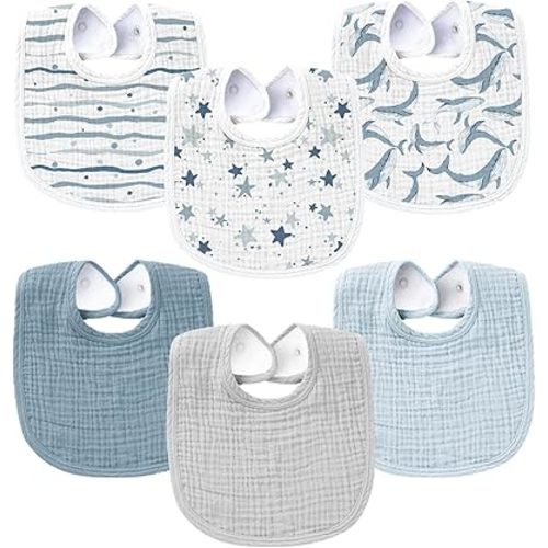 Konssy 6-Pack Muslin Baby Bibs for Boys & Girls, Soft Cotton Absorbent Bandana Drool Bibs for Drooling & Teething