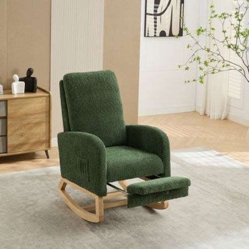 25.4"W Rocking Boucle Upholstered High Back Glider Chair with Retractable Footrest, Side Pocket and Wood Legs, Green, 4Q- ModernLuxe