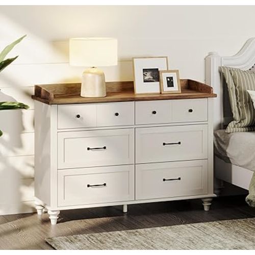WAMPAT Antique White Dresser for Bedroom with 6 Drawers, Rustic Kids Dressers with Chest of Drawers, Mid Century Wood Closet Storage Organizer for Nursery, Living Room, Kids Room, 47 Inch