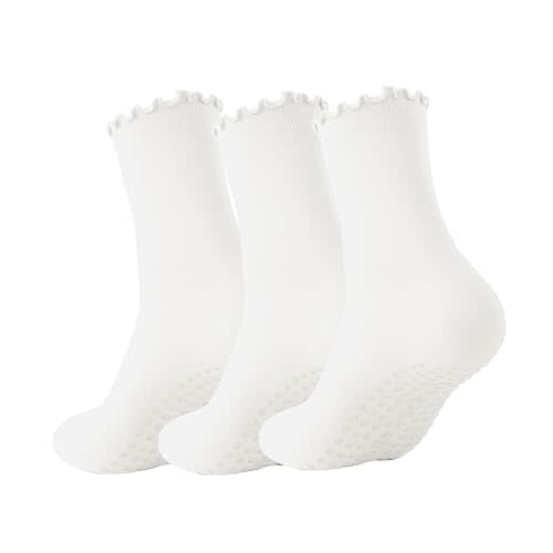 Ceoon 3 Pairs Pilates Socks with Grips Non-slip Ruffle Yoga Socks Grip Socks for Women