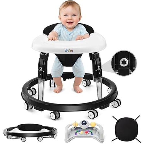 Baby Walker with Wheels, One-Touch Folding Baby Walkers with Height Adjustment and Brake, Portable Walker for Baby Boy Girls 6-18 Months, Black
