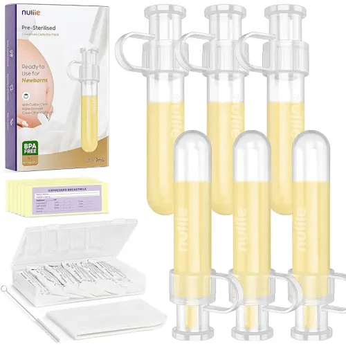 Nuliie Colostrum Collector Kit 7ml/6pcs, Leakproof, Reusable Breast Milk Collector, Heat & Freezer Resistant, BPA-Free, With Cotton Cloth Wipe, Storage Case, Cleaning Brush - Ready-to-Use for Newborns