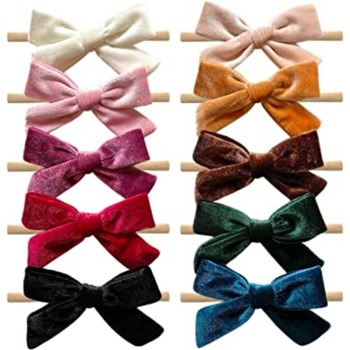 Cherssy Fall Baby Girl 4" Velvet Hair Bows and Headbands, 10pcs Nylon Hairbands Elastic Hair Accessories for Newborn, Infant, Toddlers - 10Pack