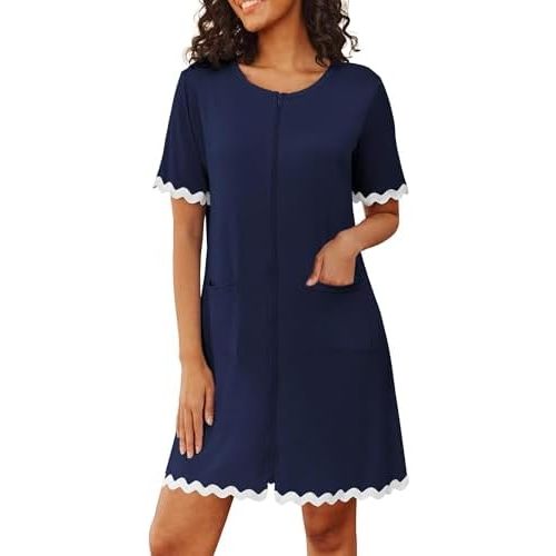 Ekouaer Women Zip Up Robe Lightweight Housecoats with Pockets Knee Length Short Bathrobes Soft Nightgown S-3XL