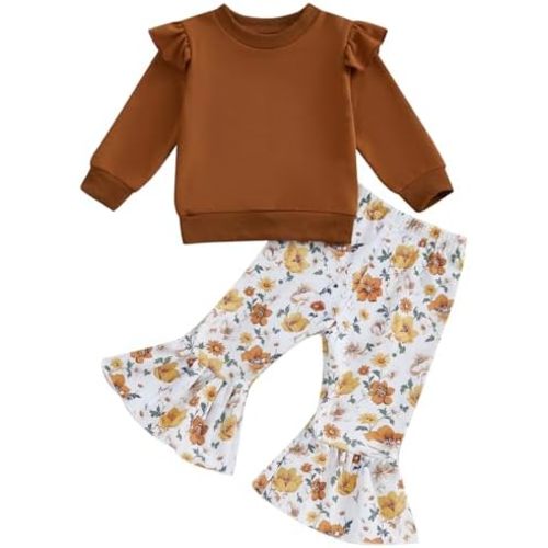 Mubineo Toddler Baby Girl Clothes Cute Outfits Long Sleeve Sweatshirt Tops Floral Bell Bottom Pant Fall Winter Outfit