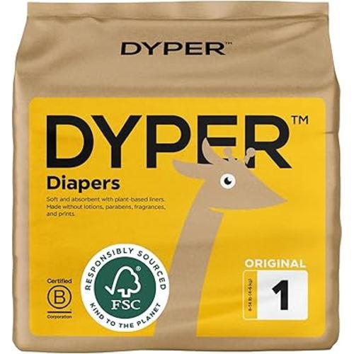 DYPER Baby Diapers Size 1 | Honest Ingredients | Cloth Alternative | Day & Overnight | Made with Plant-Based* Materials | Hypoallergenic