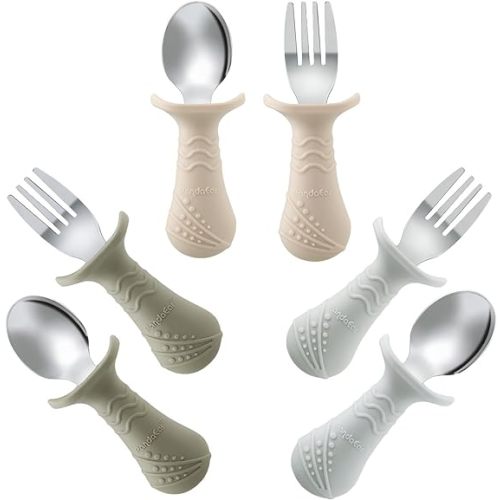 PandaEar Baby Toddler Fork and Spoon Utensil Set, 6 Pack Silicone Stainless Steel Silverware Spoon Fork for Babies Toddler, BPA Free with Silicone Holding Anti-Choke Design (Light Tan&Walnut&Grey)