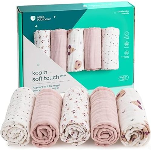 Koala Babycare 5 Pack 20"x10" Muslin Burp Cloths for Baby Boys and Girls - GOTS & Oeko-TEX Cotton Burp Rags for Newborns - Absorbent Neutral Burping Cloths for Feeding - Washable Baby Bibs Essentials