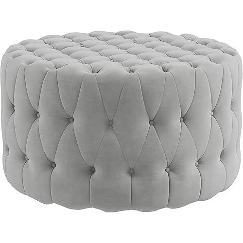 HOMCOM 31.5" Round Ottoman, Large Velvet-Feel Upholstered Foot Stool with Button Tufted Design and Padded Seat for Living Room, Entryway, Light Gray
