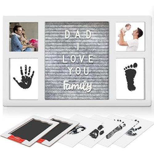Gifts for Dad Fathers Day, Baby Hand and Footprint Kit with Felt Letterboard, Inkless Baby Handprint Kit with 2 Inkless Print Pads 4 Imprint Cards, Newborn Baby Footprint Kit, Dog Paw Print Kit