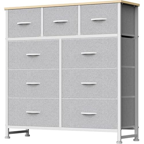 DUMOS 9 Drawer Dresser for Bedroom, Fabric Storage Organizer with Sturdy Metal Frame, Wooden Top Chest of Drawers for Closet Entryway Guest Room,Light Grey