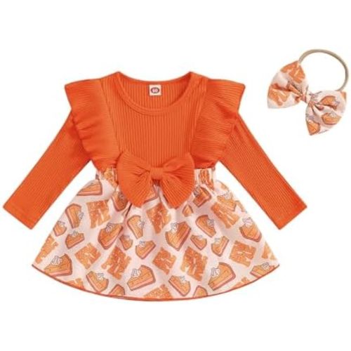 Baby Girl Thanksgiving Outfit Newborn Outfit Ribbed Ruffle Romper Dress and Headband Cute Fall Clothes