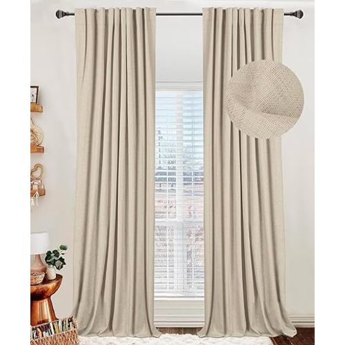 100% Blackout Shield Linen Blackout Curtains for Bedroom 84 Inches Long, Back Tab/Rod Pocket Living Room Drapes, Thermal Insulated Blackout Curtains 2 Panels Set, 50" W x 84" L, Natural