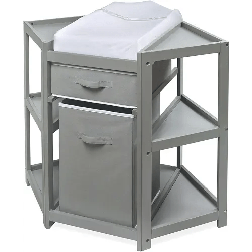 Badger Basket Corner Diaper Changing Table with Laundry Hamper, Storage Bin, and Contoured Pad for Baby - Gray
