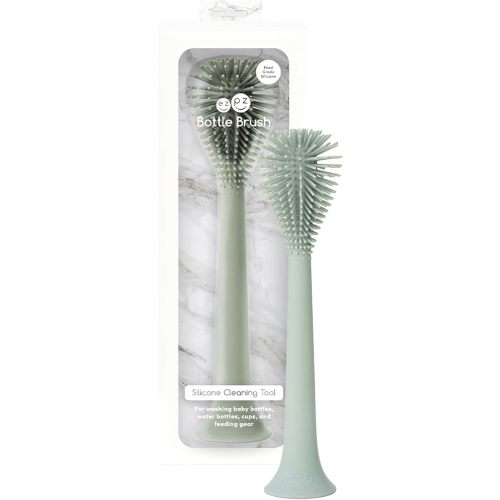 ezpz Bottle Brush (Sage) - Odor-Resistant Silicone Cleaning Tool with Long Sturdy Handle and Suction Base - Flexible Top for Tight Spaces - Gently Cleans Cups, Glasses, Bottles and Accessories