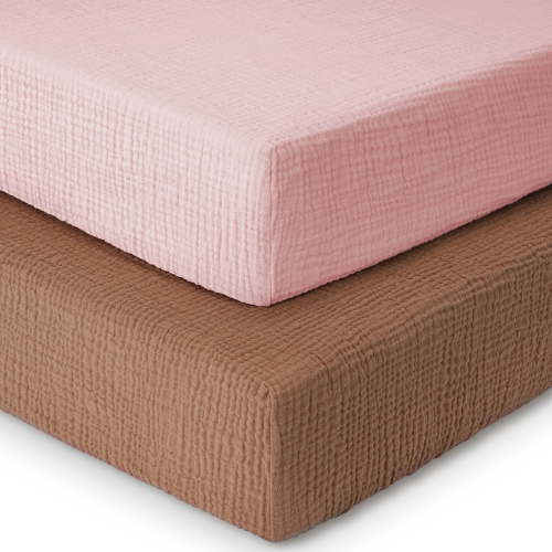 Yoofoss Muslin Crib Sheets for Boys Girls 100% Cotton Fitted Baby Crib Sheet 2 Pack Soft and Breathable for Standard Crib Mattress & Toddler Mattress 52"x28" Pink & Brown