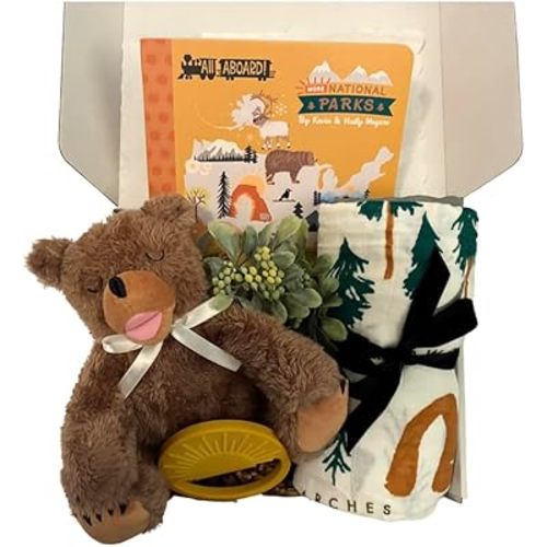 Tumbleweed Babies National Parks Baby Gift Box - Newborn Baby Gift Box with National Parks Swaddle, Plush Bear, Board Book, & Sun Teether