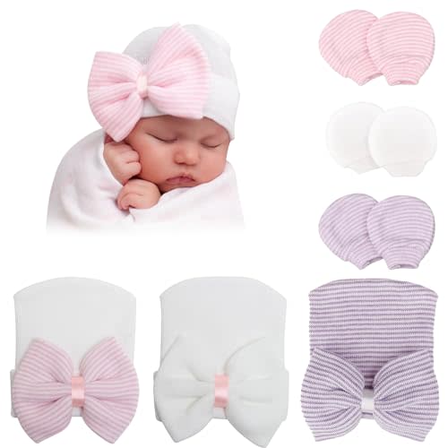 DRESHOW BQUBO Newborn Hospital Hat and Mittens Infant Baby Beanie Soft Cotton Cute Knot Nursery Cap for 0-6 Months Girls Boys