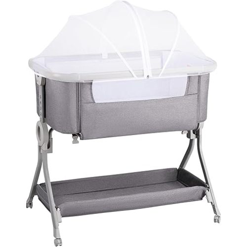 Larex Baby Bassinet Bedside Sleeper Crib Co Sleeper for Newborn Infant Toddler with Mosquito Net, Storage Bag & Basket, 5-Height Adjustable, Movable Wheels, Breathable Mattress & Mesh (Light Grey)