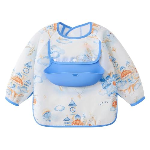 Long Sleeve Bib with Silicone Catch Pocket, Waterproof Feeding Bibs for Toddlers, Machine Washable, Baby Smock Bib for Mealtime & Playtime (6-12 Months, Cloud)