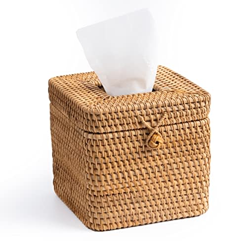 Rattan Square Tissue Box Cover- 5.7" x 5.7" x 5"-Decorative Woven Facial Tissue Holder with Hinged Top Lid- Facial Box for Home, Office,Bathrooms, Decoration (Yellow)
