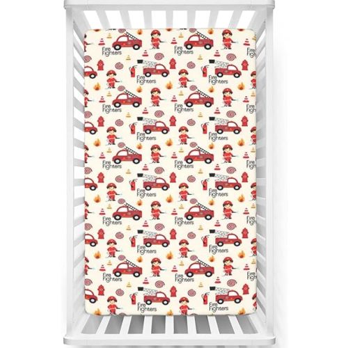 Fire Truck Themed Fitted Crib Sheet,Standard Crib Mattress Fitted Sheet Soft & Stretchy Fitted Crib Sheet-Crib Mattress Sheet or Toddler Bed Sheet, 28“ x52“,Multicolor