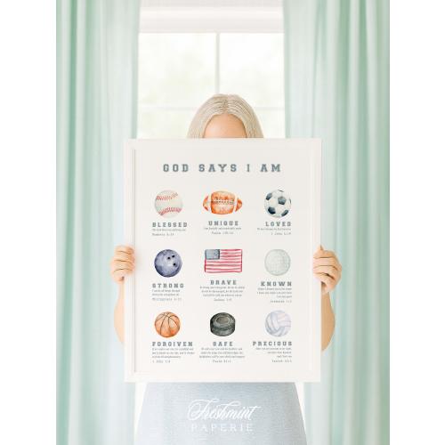 God Says I Am Nursery Print: Watercolor Bible Verse Art, Sports