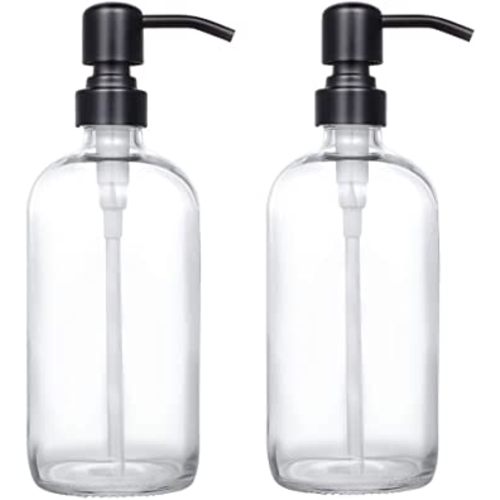 2 Pack Thick Clear Glass Pint Jar Soap Dispenser with Matte Black Stainless Steel Pump, 16ounce Clear Boston Round Bottles Dispenser with Rustproof Pump for Essential Oil, Lotion Soap