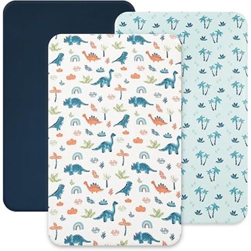 david's kids 3 Pack Mini Crib Sheets, Soft Breathable Premium Pack N Play Sheets for Baby Boys Girls Neutral, Playard and Mini Crib Mattresses, Dinosaur Blue