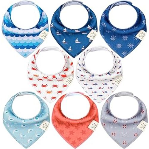 8-Pack Organic Baby Bandana Drool Bibs - Stylish Unisex Bandana Bibs, Super Absorbent Bandana Drool Bibs, Gentle Teething Bibs for Infants, Organic Cotton Baby Bib (Seaside)