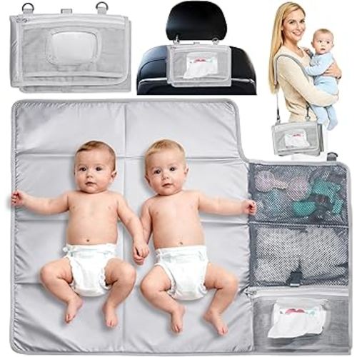 Large Portable Diaper Changing Pad - Waterproof Foldable Baby Travel Changing Mat with Storage Pockets & Wipes Bag, Lightweight, One-Hand Fold, Crossbody Strap for Parents,Infant Travel Station Kit