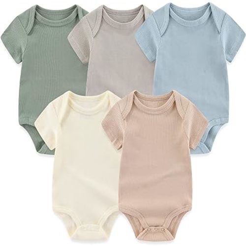 MAMIMAKA Newborn Baby Short Sleeve Bodysuit Cotton One-Piece Baby Clothes 5-Pack, 0-12 Months - Five Piece Bodysuits-5 - 0-3 Months