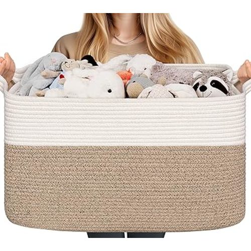 CHICVITA Large Blanket Basket - 22" x 15" x 12" Woven Storage Organizer for Blankets, Toys, Clothes, Rustic Rope Basket for Living Room, Bedroom, Nursery, White & Brown