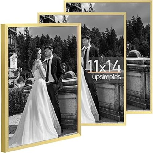 upsimples 11x14 Picture Frame Set of 3, Made of High Definition Glass for 11 x 14, Wall Display Thin Border Photo Frames for Home Décor, Gold