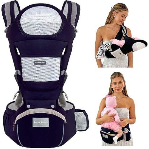 Baby Carrier with Hip Seat - Safety Certified Ergonomic M Position, Adjustable Waistband with Back Support, Detachable Hip Seat + Various Large Pockets