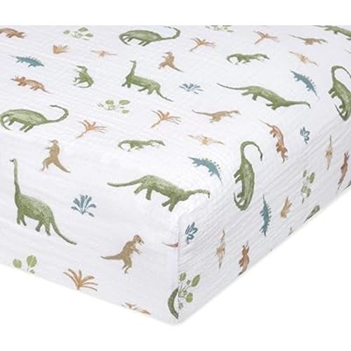 aden + anais Essentials Classic Crib Sheet, 100% Cotton Muslin, Super Soft & Breathable, Tailored Snug Fit, Dino Jungle