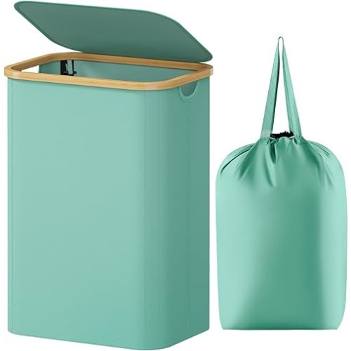 Lifewit 80L Laundry Basket with Lid, Clothes Hampers for Laundry with Bamboo Handles and 1 Removable Bag, Large Foldable Laundry Hamper for Bedroom, Bathroom, Dorm, Laundry Room, Sage Green
