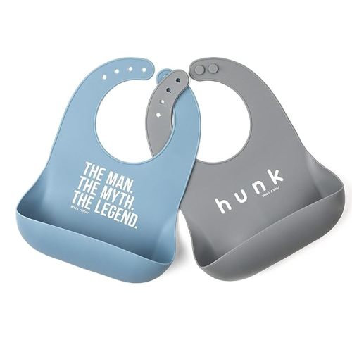 Bella Tunno Wonder Bib 2pk - Adjustable Silicone Baby Bibs for Girls & Boys, Durable and Waterproof BPA Free Silicone, The Man & Hunk - Pack the Man + Hunk