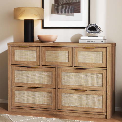 ARKANTOS 7 Drawer Rattan Dresser,Wood Storage Closet,Bohemian Chest of Drawers for Bedroom,Natural Oak