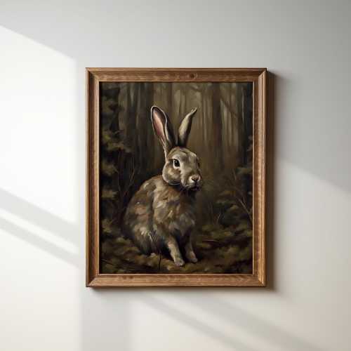 Antique Rabbit Painting | Moody Rustic Art | Dark Botanical Gallery Wall | Barn Animals | Rabbit Art | Moody Animal Painting | Victorian Art