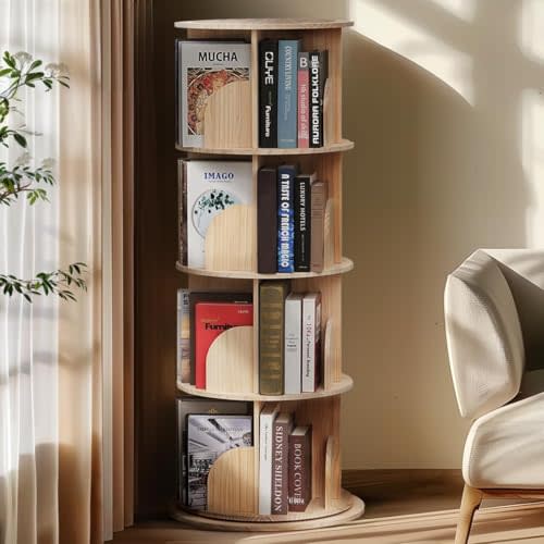 BUYWAY Rotating Bookshelf, 4 Tier Rotating Bookshelf Kids, 360 Display Floor Standing Bookcase Storage Rack for Kids&Adults Solid Wood Bookshelf Organizer, Classic Natural