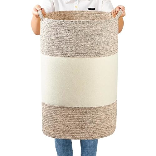 90L Jumbo Woven Laundry Hamper,17" x 17" x 24" Extra Large Laundry Basket for Blanket Storage,Tall Baby Nursery Hamper for Toys in Bedroom,Living Room Brown&White
