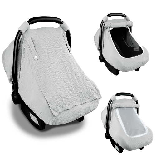 Muslin Car Seat Cover Baby, 3-1Infant Car Seat Covers for Babies,Summer Baby Car Seat Cover for Boys Girls with Breathable Window, Lightweight Infant Car Seat Canopy,Gray