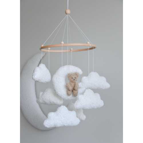 Teddy bear baby mobile, Neutral nursery mobile, Clouds baby mobile, Teddy bear nursery, Baby mobile, Neutral mobile, Boucle baby mobile