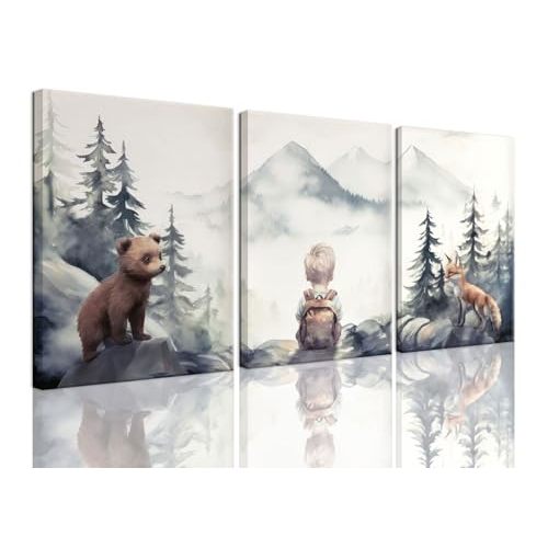 YOYIAXT Framed Woodland Animal Nursery Wall Art Framed Watercolor Forest Mountain Canvas Poster Print Set of 3 Nature Landscape Painting Decor Picture for kid's room Living Room Bedroom