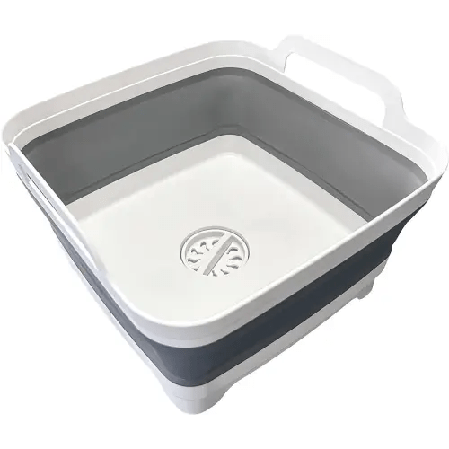 9L (2.4Gal) Dish Basin Collapsible with Drain Plug Carry Handles,Kitchen Storage Tray Dish Wash Basin, Portable Dish Tub, Foldable Dishpan for Camping,RV,Gray